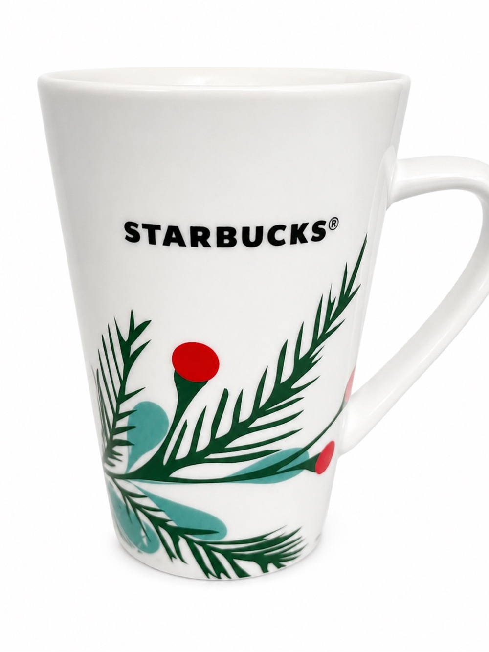 Starbucks White Mug with Green Botanical Leaves and Red Berries